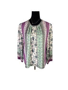 LOFT Petite Boho Floral Tunic Top Mint Lavender Long Sleeve L Large P